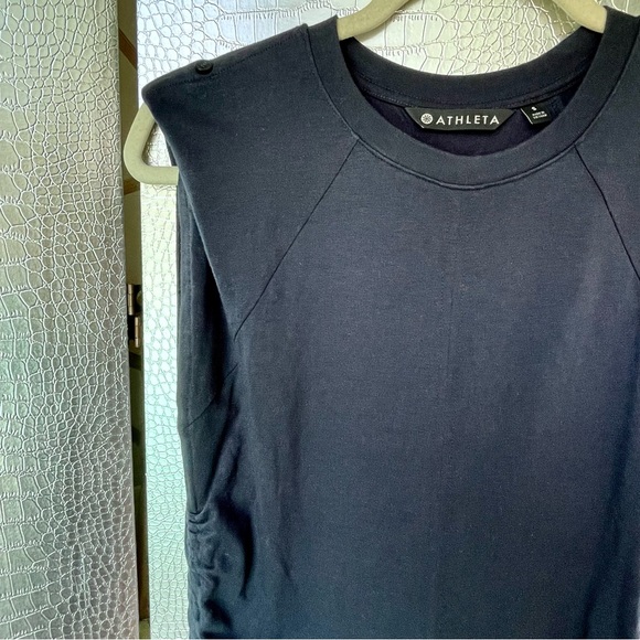 ATHLETA | Apres Convertible Cap Sleeve Ruched Stretch Navy/Black Dress | Small - Picture 12 of 15